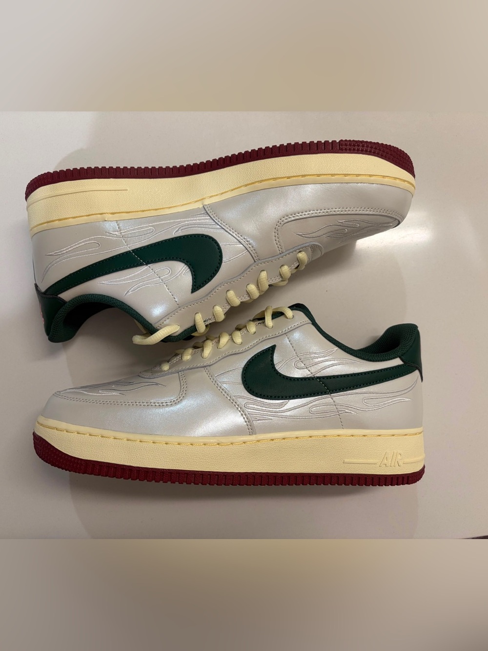 Nike Air Force 1 Low — White with Green Swoosh and Burgundy Outsole